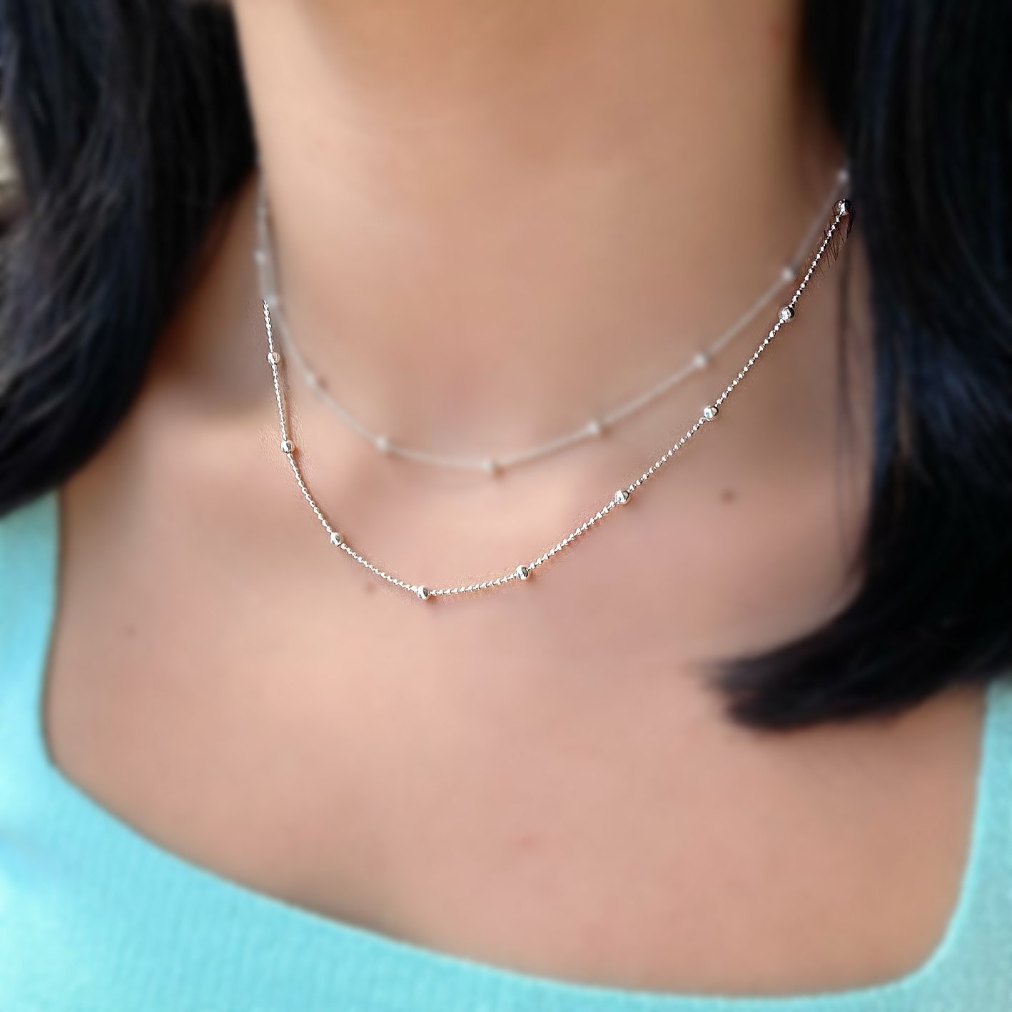 0061867 - CORRENTE PRATA BOLINHAS BOLAS INTERCALADAS 45 CM