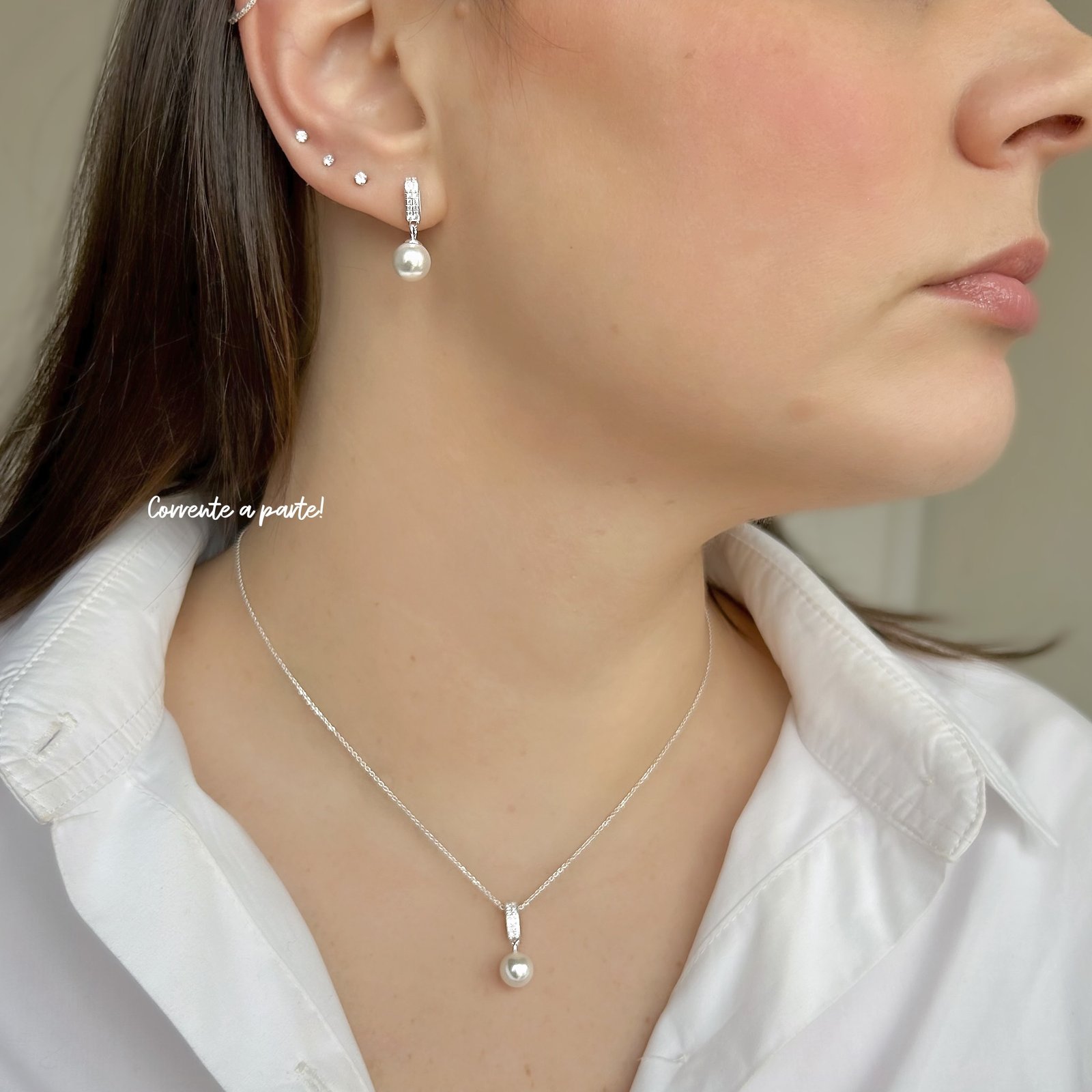 069573 - CONJUNTO PRATA PEROLA PENDURADA COM BASE GOTA CRAVEJADA ZIRCONIA